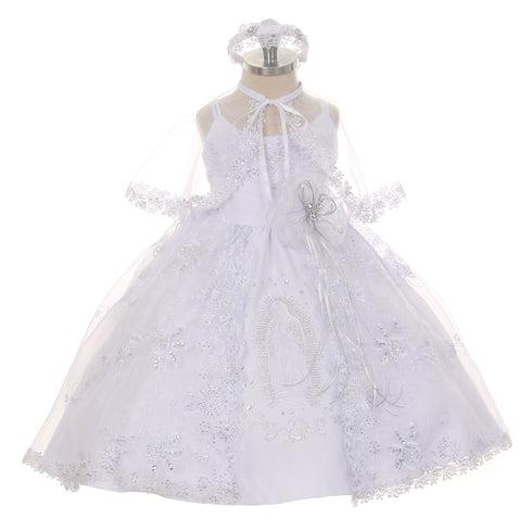 Rain Kids Little Girls White Embroidered Organza Cape Bows Baptism Dress 3-5 - SophiasStyle.com